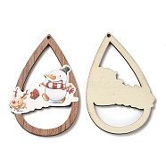 Single Face Christmas Printed Wood Big Pendants, Teardrop with Snowman Charms, Camel, 54x36x2.5mm, Hole: 1.6mm(WOOD-D025-16)