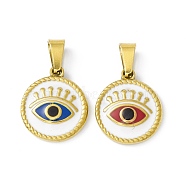 Vacuum Plating 304 Stainless Steel Enamel Pendants, Golden, Flat Round Charms with Evil Eye Charm, Mixed Color, 18x15.5x3mm, Hole: 6.5x3mm(STAS-A062-09G)