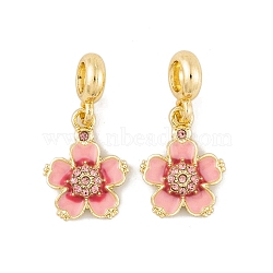 Rack Plating Alloy Light Rose Rhinestone European Dangle Charms, Flower Large Hole Pendants with Pink Enamel, Golden, 29.5mm, Flower: 19x14.5x3.5mm, Hole: 4.5mm(FIND-C055-25G)