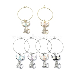 Cat Shape Alloy Enamel Wine Glass Charms, with Brass Hoop Findings, Mixed Color, 52mm, 6pcs/set(AJEW-JO00221)