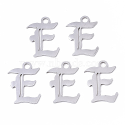 201 Stainless Steel Pendants, Laser Cut, Old English, Alphabet, Stainless Steel Color, Letter.E, 17x13x1mm, Hole: 2mm(STAS-N091-40E)