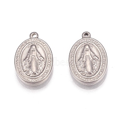 304 Stainless Steel Pendants, Oval with Virgin Mary, Miraculous Medal, Stainless Steel Color, 13x9x2mm, Hole: 1mm(STAS-H109-29P)