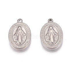 Non-Tarnish 304 Stainless Steel Pendants, Oval with Virgin Mary, Miraculous Medal, Stainless Steel Color, 13x9x2mm, Hole: 1mm(STAS-H109-29P)