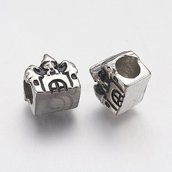 Ion Plating(IP) 304 Stainless Steel European Beads, Large Hole Beads, House, Antique Silver, 10x11x8.5mm, Hole: 5mm(STAS-J022-119AS)