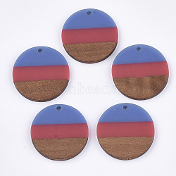 Tri-color Resin & Walnut Wood Pendants, Flat Round, Cornflower Blue, 28x3.5mm, Hole: 2mm(RESI-S358-78G)
