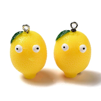 Cartoon Opaque Resin Fruit Pendants, Funny Eye Lemon Charms with Platinum Plated Iron Loops, Yellow, 30x19.5x19.5mm, Hole: 2mm