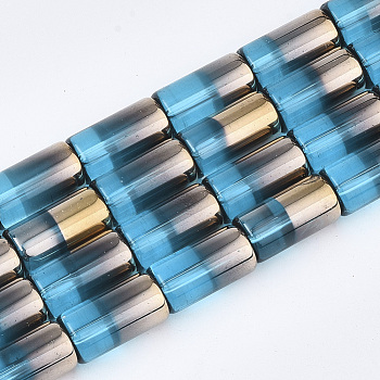 Half Electroplate Glass Beads Strands, Column, Deep Sky Blue, 19.5~20x10mm, Hole: 1.4mm, about 15~17pcs/strand, 13.39 inch(34cm)