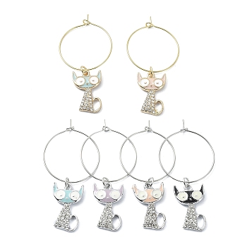 Cat Shape Alloy Enamel Wine Glass Charms, with Brass Hoop Findings, Mixed Color, 52mm, 6pcs/set