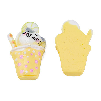Opaque Resin Cabochons, Cat with Cup, Yellow, 32.5x20x7mm