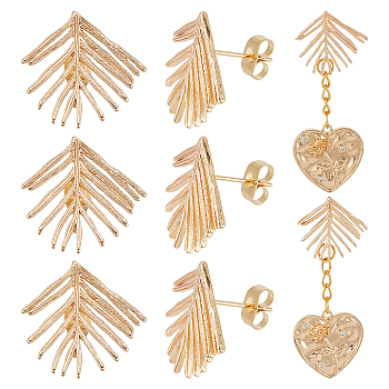 6Pcs Brass Leaf Stud Earring Findings, with Vertical Loops and 50Pcs 304 Stainless Steel Ear Nuts, Real 18K Gold Plated, 19x20mm, Hole: 1mm, Pin: 0.8mm