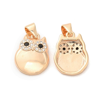 Brass & Glass & Cubic Zirconia Pendants, Owl Charm, Real 18K Gold Plated, 16x12x3mm, Hole: 3.4x3.9mm