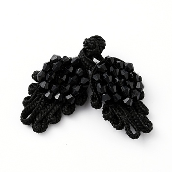 Handmade Chinese Frogs Knots Buttons Sets, Polyester Button with Acrylic Beads, Black, 68x20.5x6.5mm