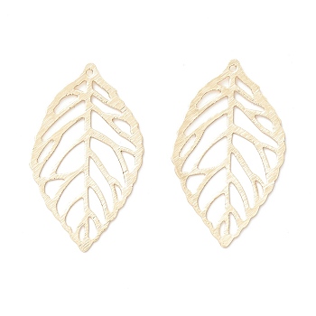 Brass Pendants, Long-Lasting Plated, Rack Plating, Cadmium Free & Lead Free, Hollow Leaf, Textured, Filigree, Real 14K Gold Plated, 34.5x20.5x0.5mm, Hole: 1mm