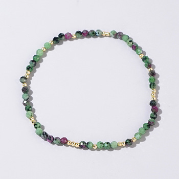 Natural Ruby in Zoisite Round Beads Stretch Bead Bracelets for Women, Faceted, Inner Diameter: 6-7/8 inch(17.5cm)