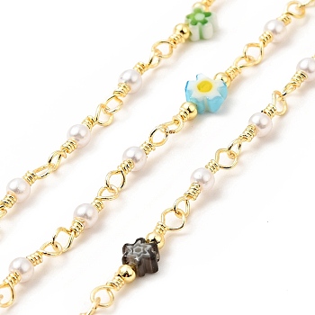 Glass Pearl & Flower Beaded Chains, with Real 18K Gold Plated Brass Findings, Soldered, with Spools, Colorful, 18.5x5x2.5mm, about 3.28 Feet(1m)/Roll