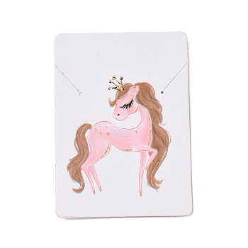 Rectangle Paper Necklace Display Cards, Jewelry Display Cards for Necklace Storage, White, Horse Pattern, 7x5x0.05cm, Hole: 1mm