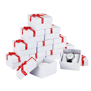 Square Cardboard Watch Package Boxes, Bowknot Wristwatch Gift Case with Cloth Pillow, White, 8.2x8.8x5.55cm