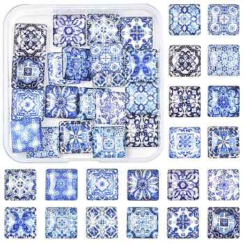 1 Bag Glass Cabochons, Square with Flower Pattern, Mixed Color, 15x15x5mm, 20pcs/bag