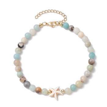 Natural Flower Amazonite &  Synthetic Turquoise Charm Anklets for Women, Starfish, 9-1/8 inch(23cm)