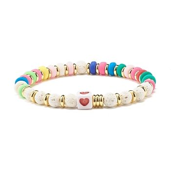 Heart Pattern & Heishi Beads Stretch Bracelets for Women, Natural Lava Rock Beads Bracelet, Colorful, Inner Diameter: 2-1/8 inch(5.3cm)
