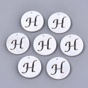 Natural Freshwater Shell Charms, Flat Round with Hollow Out Letter, Letter.H, 14.5x1.5mm, Hole: 0.9mm