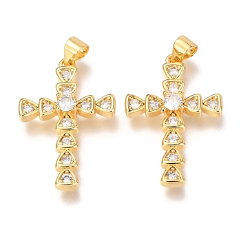 Brass Micro Pave Clear Cubic Zirconia Pendants, Cross, Real 18K Gold Plated, 28x18x4mm, Hole: 3mm