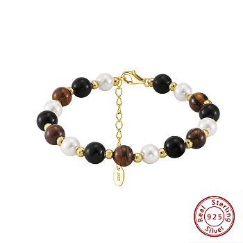 Natural Tiger Eye & Black Obsidian Beaded Bead Bracelets, Adjustable 925 Sterling Silver Clasps for Women, Real 14K Gold Plated, 6-1/4 inch(16cm)