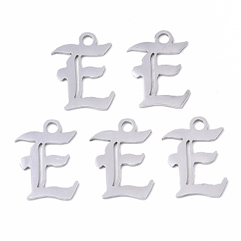 201 Stainless Steel Pendants, Laser Cut, Old English, Alphabet, Stainless Steel Color, Letter.E, 17x13x1mm, Hole: 2mm