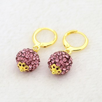 Dangling Round Ball Resin Rhinestone Earrings, with Golden Plated Brass Leverback Hoop Earring Settings, Rose, 30mm, Pin: 1mm