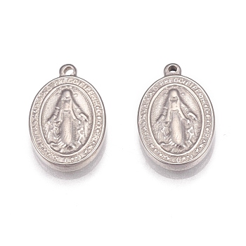 304 Stainless Steel Pendants, Oval with Virgin Mary, Miraculous Medal, Stainless Steel Color, 13x9x2mm, Hole: 1mm