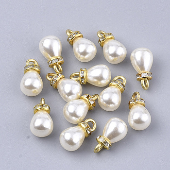 High Luster ABS Plastic Imitation Pearl Pendants, with Golden Plated Iron Findings and Crystal Rhinestone, Teardrop, Golden, 15x8mm, Hole: 2.5mm