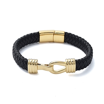 Men's Braided Black PU Leather Cord Bracelets, 304 Stainless Steel Link Bracelets with Magnetic Clasps, Golden, 8-7/8x5/8 inch(22.4x1.6cm)