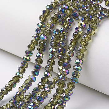 Electroplate Transparent Glass Beads Strands, Half Multi-color Plated, Faceted, Rondelle, Olive, 4x3mm, Hole: 0.4mm, about 113~115pcs/strand, 41~42cm