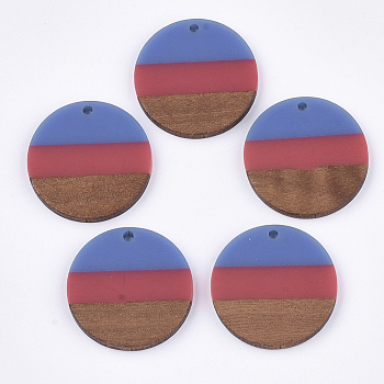 Tri-color Resin & Walnut Wood Pendants, Flat Round, Cornflower Blue, 28x3.5mm, Hole: 2mm
