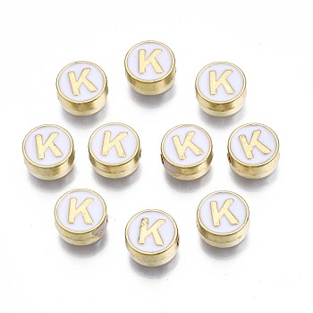 Alloy Enamel Beads, Cadmium Free & Lead Free, Light Gold, Flat Round with Alphabet, White, Letter.K, 8x4mm, Hole: 1.5mm
