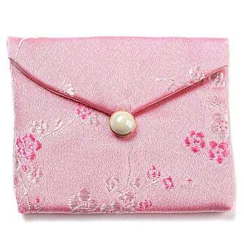 Chinese Style Floral Cloth Jewelry Storage Pouches, with Plastic Button, Rectangle Jewelry Gift Case for Bracelets, Earrings, Rings, Random Pattern, Pink, 7.5x8.5x0.3~0.7cm