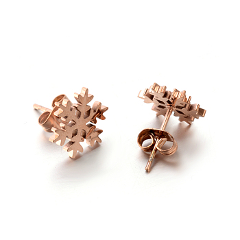 304 Stainless Steel Ear Studs, Hypoallergenic Earrings, Snowflake, Rose Gold, 12x12mm, Pin: 0.8mm