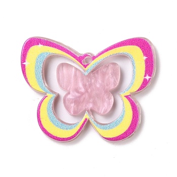 Embossed Printed Acrylic Pendants, Butterfly, Colorful, 27x34.5x2mm, Hole: 1.5mm