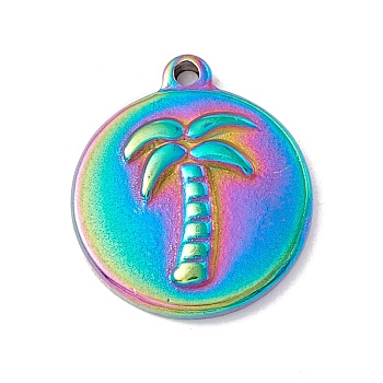 Ion Plating(IP) 304 Stainless Steel Pendants, Flat Round with Coconut Tree, Rainbow Color, 16.5x14.5x2mm, Hole: 1.2mm