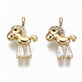 Brass Micro Pave Clear Cubic Zirconia Charms, Nickel Free, Horse, Real 18K Gold Plated, 13x8.5x2.5mm, Hole: 1.2mm