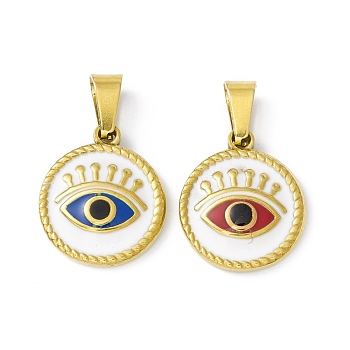 Vacuum Plating 304 Stainless Steel Enamel Pendants, Golden, Flat Round Charms with Evil Eye Charm, Mixed Color, 18x15.5x3mm, Hole: 6.5x3mm
