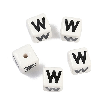 Porcelain Beads, Square with Letter, Letter W, 8.5x8.5x8.5mm, Hole: 1.6mm