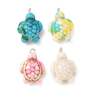 Brass & Resin Pendants, Tortoise Charm, Lead Free & Cadmium Free, Real 18K Gold Plated, Rack Plating, Long-Lasting Plated, Mixed Color, 13.5x6.5x19.5mm, Hole: 1.6mm