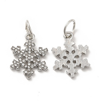 Rack Plating Alloy Crystal Rhinestone Pendants, with Jump Rings, Snowflake Charms, Platinum, 20.5x15.5x2mm, Hole: 6mm