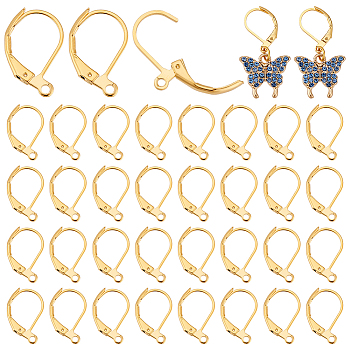 Elite 50Pcs Brass Leverback Earring Findings, with Loops, Real 18K Gold Plated, 15x10x2mm, Hole: 1.2mm, Pin: 0.8mm