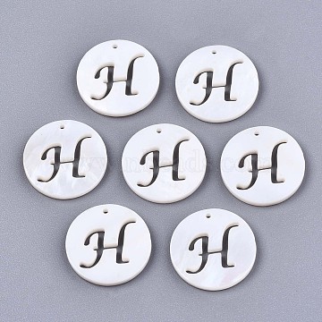 Natural Freshwater Shell Charms, Flat Round with Hollow Out Letter, Letter.H, 14.5x1.5mm, Hole: 0.9mm(X-SHEL-S276-119H)