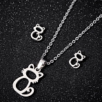 201 Stainless Steel Jewelry Set, Stud Earrings & Pendant Necklaces Sets, Cat Shape, Silver, 17.72 inch(450mm)(FS-WG80F87-02)
