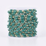 Handmade Glass Beaded Chains, Soldered, with Brass Findings, with Spool, Long-Lasting Plated, Real 18K Gold Plated, Cuboid, Sea Green, 4.5x2.5~3x2.5~3mm, 2mm, about 32.8 Feet(10m)/roll(CHC-F008-B06)