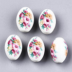 Printed & Spray Painted Opaque Glass Beads, Oval with Floral Pattern, White, 15x10mm, Hole: 1.6mm(GLAA-S047-07B-D03)
