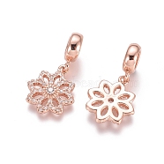 Brass Micro Pave Cubic Zirconia European Dangle Charms, Large Hole Pendants, Flower, Clear, Rose Gold, 24mm, Flower: 15x13x2mm, Hole: 5mm(X-ZIRC-E163-01RG)